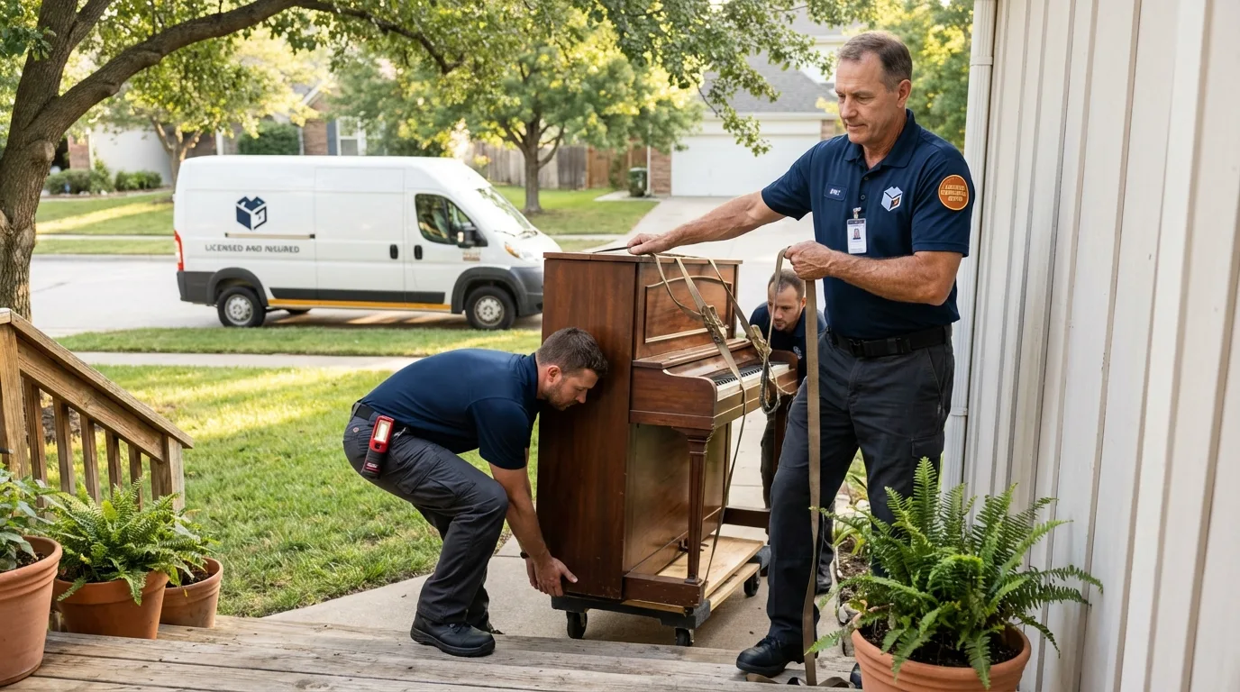 Licensed piano movers securing grand piano in Sophia, WV