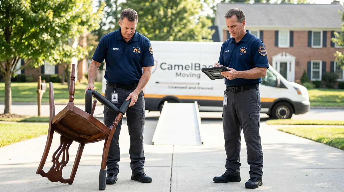 Movers inspecting furniture for damage prevention before loading in Sophia, WV