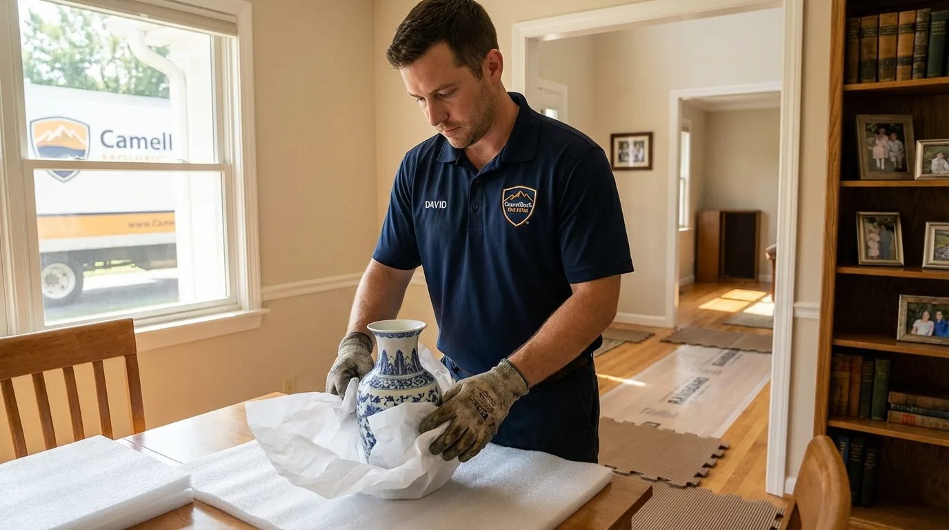 Professional crew carefully wrapping antique vase for senior downsizing move in Sophia, WV